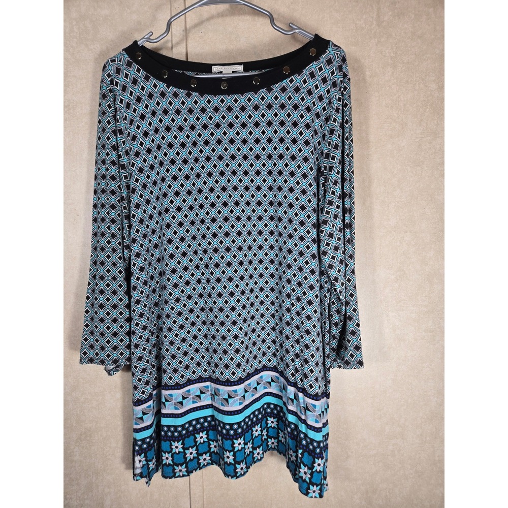 Dana Buchman XXL Blue Geometric Diamond Print Boat Neck Tunic Top Gold Grommets